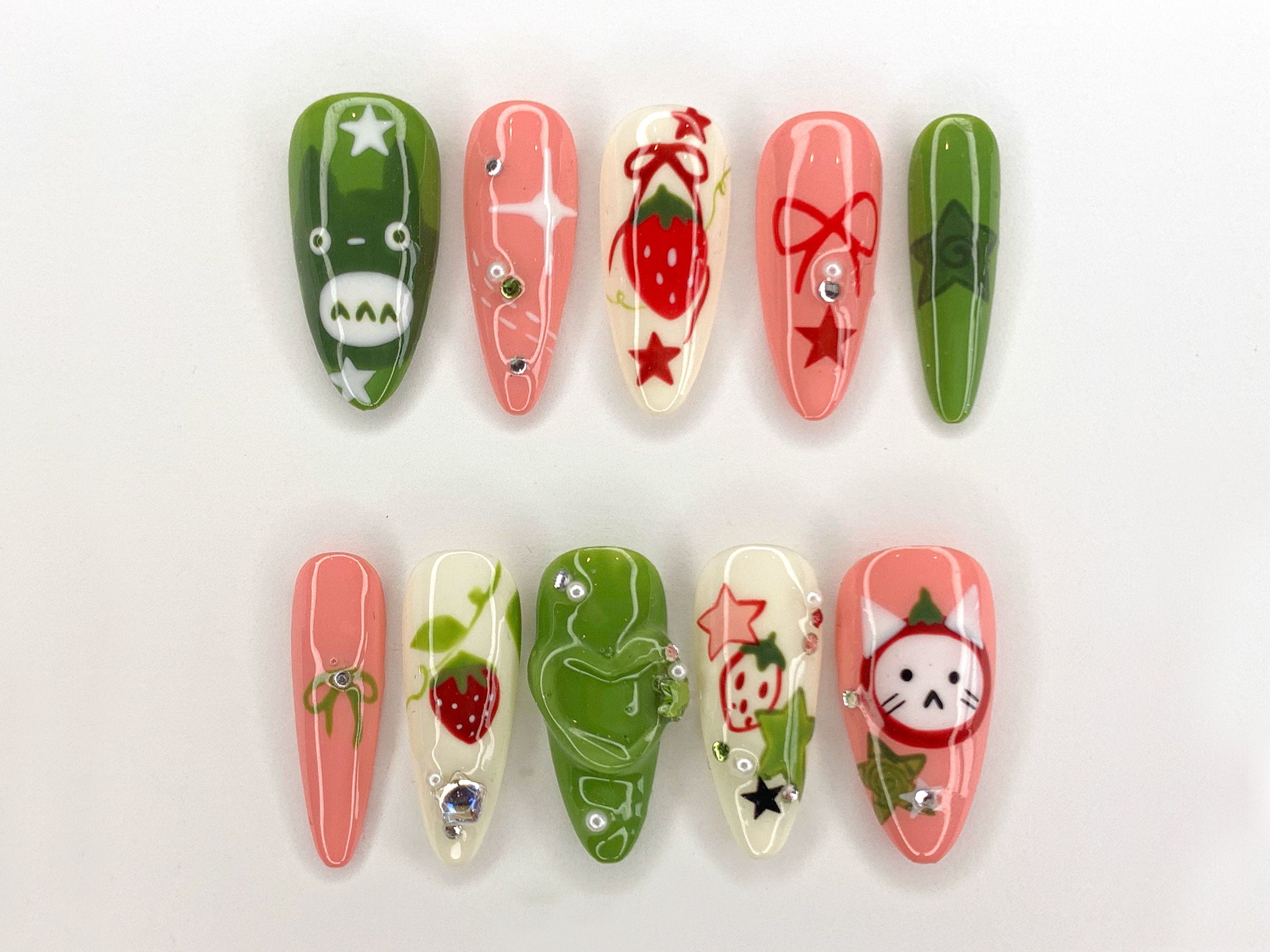 Ghibli Long Almond Press On Nails | Free Style Handpainted Cartoon in Fake Nails | Anime Nails Art | Miffy Nails | Abstract Nails| J284S