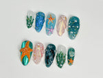 3D Tropical Beach Press On Nails | Ocean-Themed with Seaweed, Seashells, and Starfish | Handmade Press On Nails | J316SL