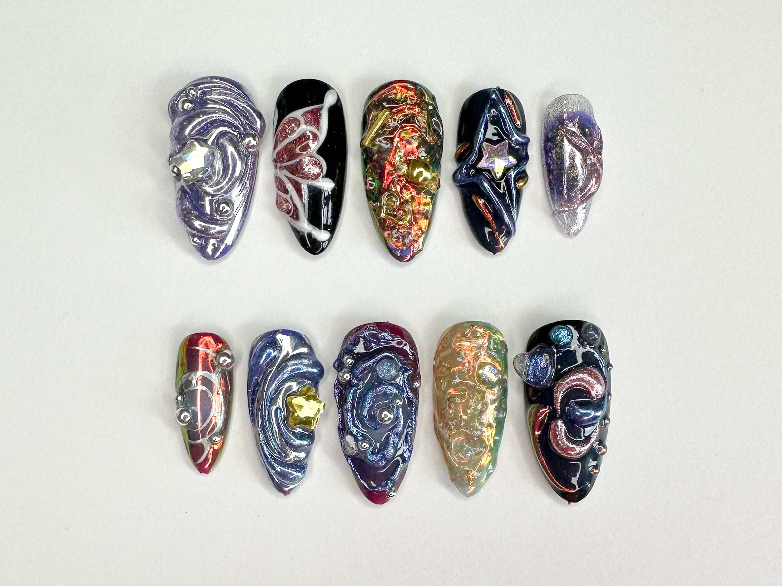 Galactic 3D Press On Nails | Handcrafted Press On Nails with Cosmic and Star Designs | Perfect for a Bold Look | 3D Gel x Nails | J331SC