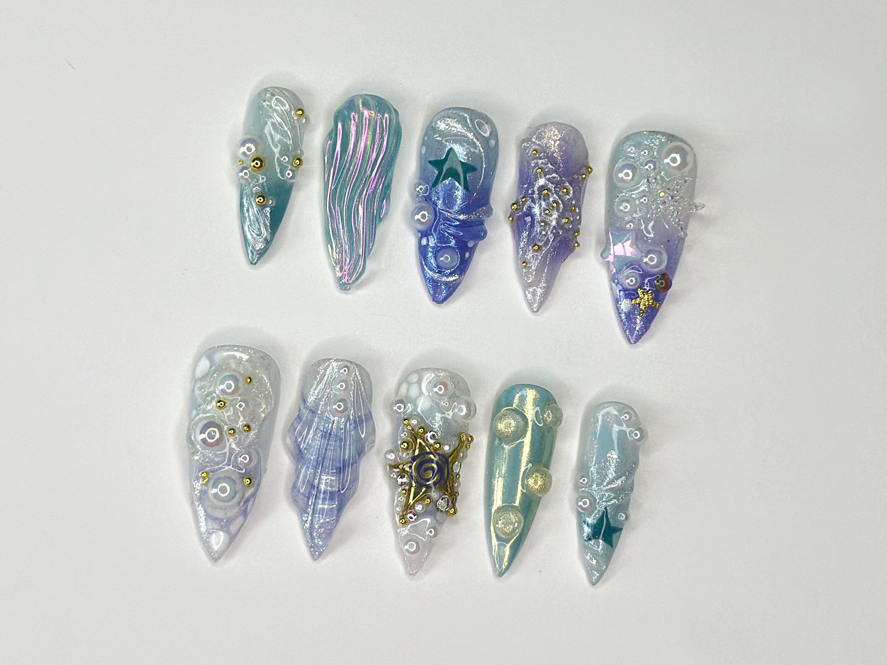 3D Tropical Beach Press On Nails | Ocean-Themed with Seaweed, Seashells, and Starfish | Handmade Press On Nails | J328SL