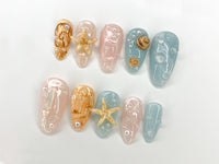 Ocean-Inspired 3D Press On Nails | Beach Theme with Seashells and Starfish | Handmade Press On Nails for Summer Vibes | J297S