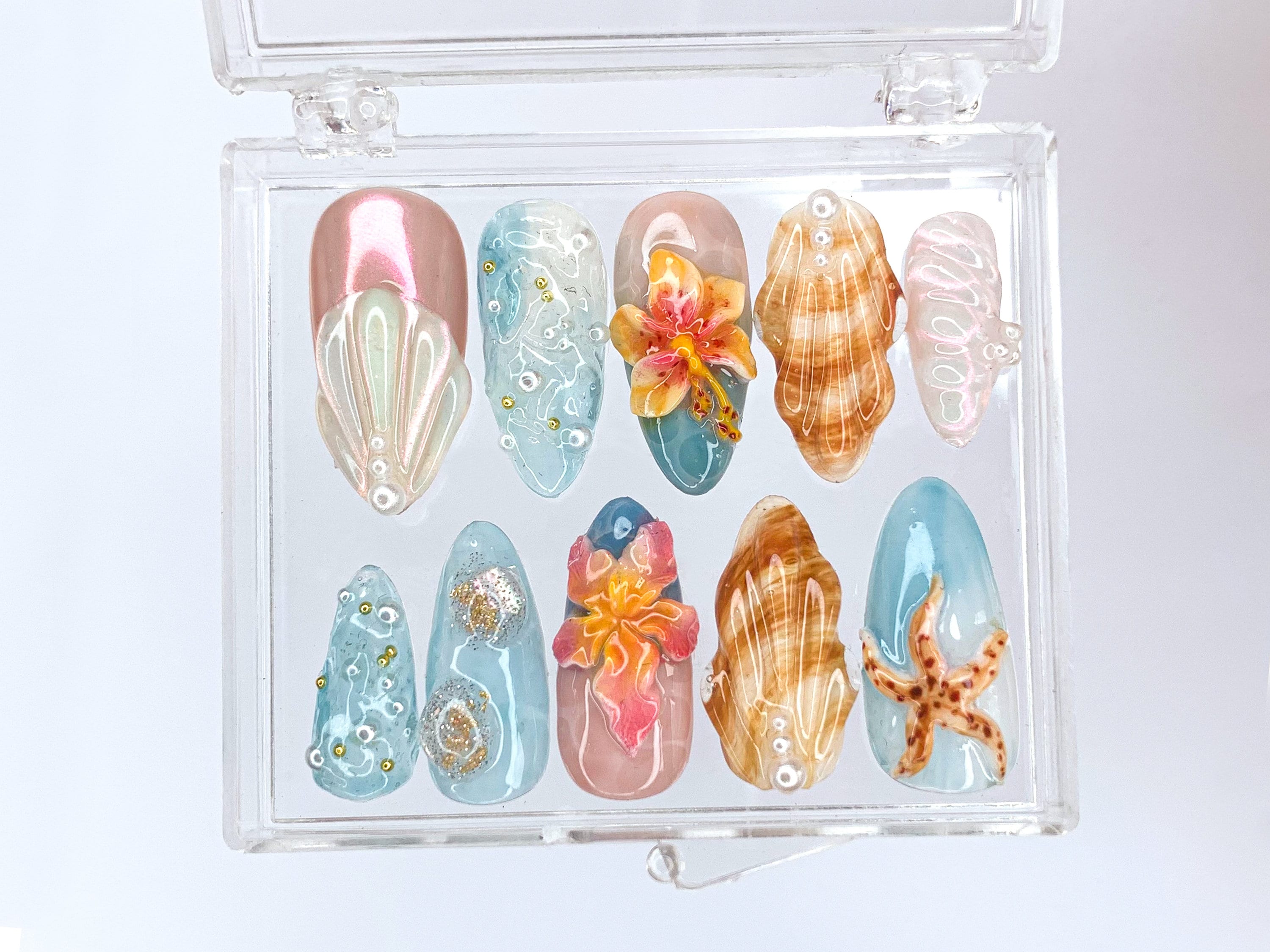 Tropical Beach 3D Press On Nails | Ocean-Inspired Designs with Flowers, Seashells, and Starfish | Handmade Press On Nails | HD421SL