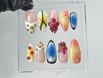 Chic Summer Press-On Nails | Bright Gradient & Floral On Fake Nails | Luxury Gold Studs Nail Charms | 3D Floral Nail Art | HD461TL
