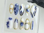 Japanese Koi Fish Porcelain Nails | White & Blue Press-On Nails | Custom Handmade B??t Tr??ng Ceramic Nail Art from Vietnam | HD480AV