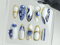Japanese Koi Fish Porcelain Nails | White & Blue Press-On Nails | Custom Handmade B??t Tr??ng Ceramic Nail Art from Vietnam | HD480AV