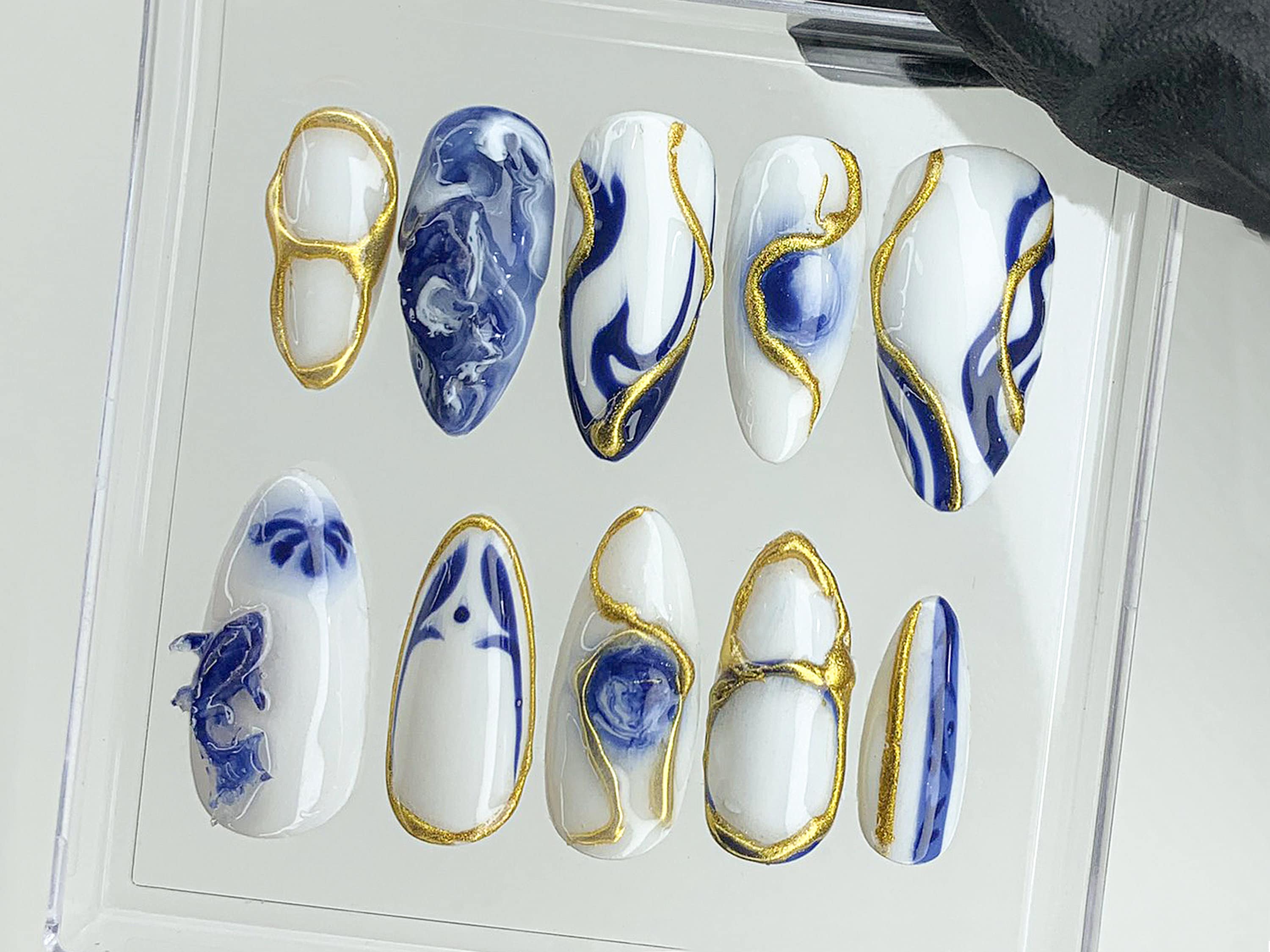 Japanese Koi Fish Porcelain Nails | White & Blue Press-On Nails | Custom Handmade B??t Tr??ng Ceramic Nail Art from Vietnam | HD480AV
