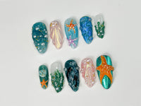 3D Tropical Beach Press On Nails | Ocean-Themed with Seaweed, Seashells, and Starfish | Handmade Press On Nails | J316SL