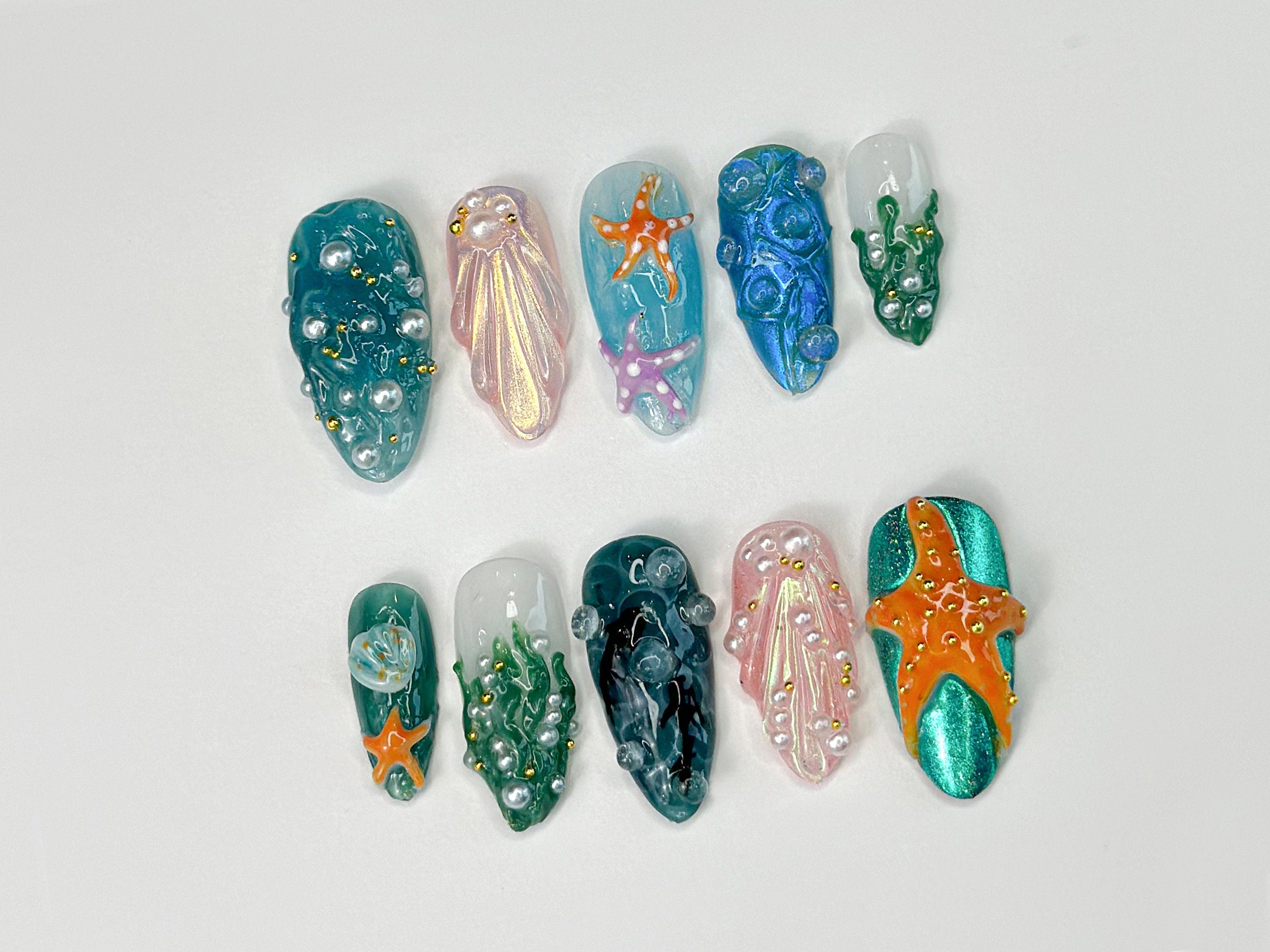 3D Tropical Beach Press On Nails | Ocean-Themed with Seaweed, Seashells, and Starfish | Handmade Press On Nails | J316SL