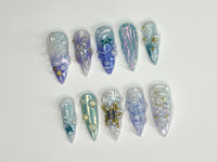 3D Tropical Beach Press On Nails | Ocean-Themed with Seaweed, Seashells, and Starfish | Handmade Press On Nails | J328SL