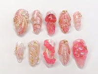 Ocean-inspired Press On Nails | Tropical Beach Designs with Jellyfish, Seashells, and Starfish | Summer Handmade Press On Nails |J366AL