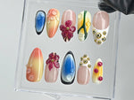 Chic Summer Press-On Nails | Bright Gradient & Floral On Fake Nails | Luxury Gold Studs Nail Charms | 3D Floral Nail Art | HD461TL