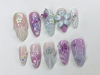 Dreamy Colorful Press On Nails | Summer Vibes with 3D Flower, Butterfly, Mermaid Designs | Cute/Adorable Blue and Pink Nail Art | J353A