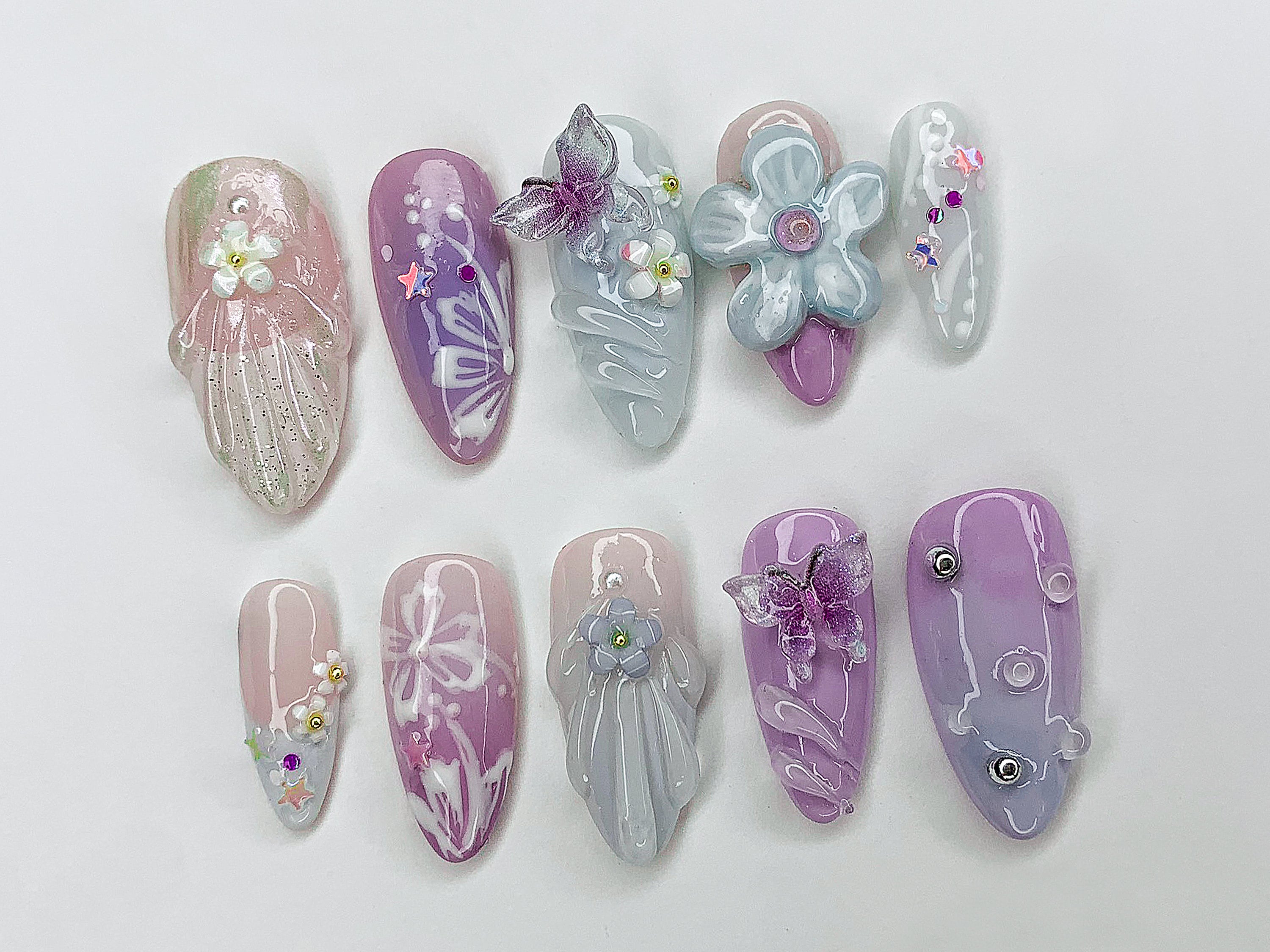Dreamy Colorful Press On Nails | Summer Vibes with 3D Flower, Butterfly, Mermaid Designs | Cute/Adorable Blue and Pink Nail Art | J353A