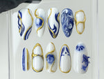 Japanese Koi Fish Porcelain Nails | White & Blue Press-On Nails | Custom Handmade B??t Tr??ng Ceramic Nail Art from Vietnam | HD480AV