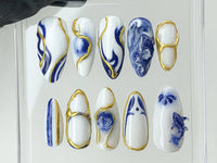 Japanese Koi Fish Porcelain Nails | White & Blue Press-On Nails | Custom Handmade B??t Tr??ng Ceramic Nail Art from Vietnam | HD480AV