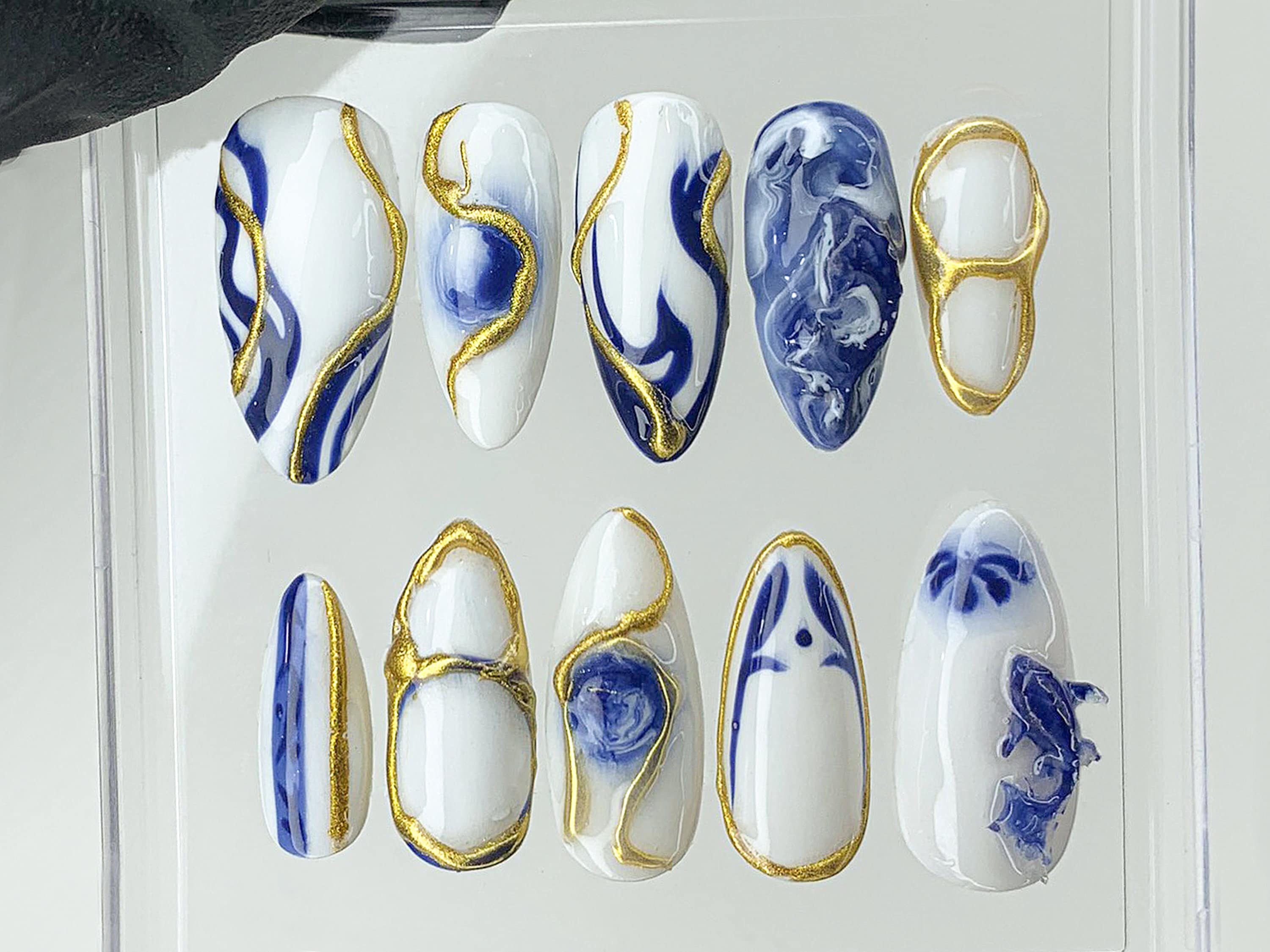 Japanese Koi Fish Porcelain Nails | White & Blue Press-On Nails | Custom Handmade B??t Tr??ng Ceramic Nail Art from Vietnam | HD480AV