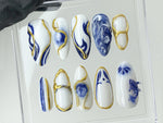 Japanese Koi Fish Porcelain Nails | White & Blue Press-On Nails | Custom Handmade B??t Tr??ng Ceramic Nail Art from Vietnam | HD480AV