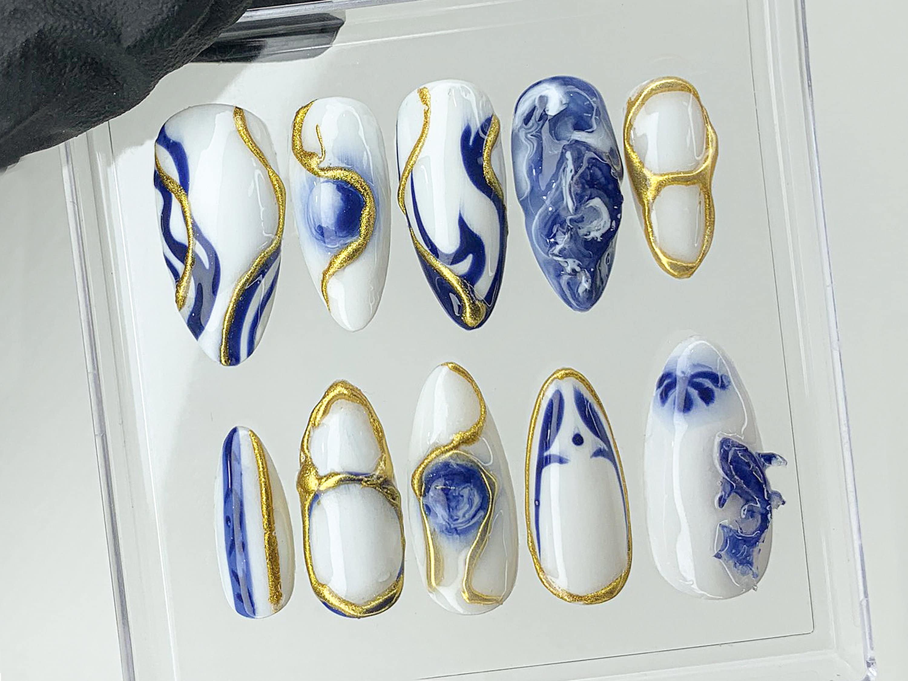 Japanese Koi Fish Porcelain Nails | White & Blue Press-On Nails | Custom Handmade B??t Tr??ng Ceramic Nail Art from Vietnam | HD480AV