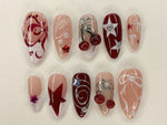 Red Cherry Blossom Nails | Cute Red & White Press On Nails | Y2K Star Style Nail Set | Summer, Holiday Nail Art | Gift | J456AV