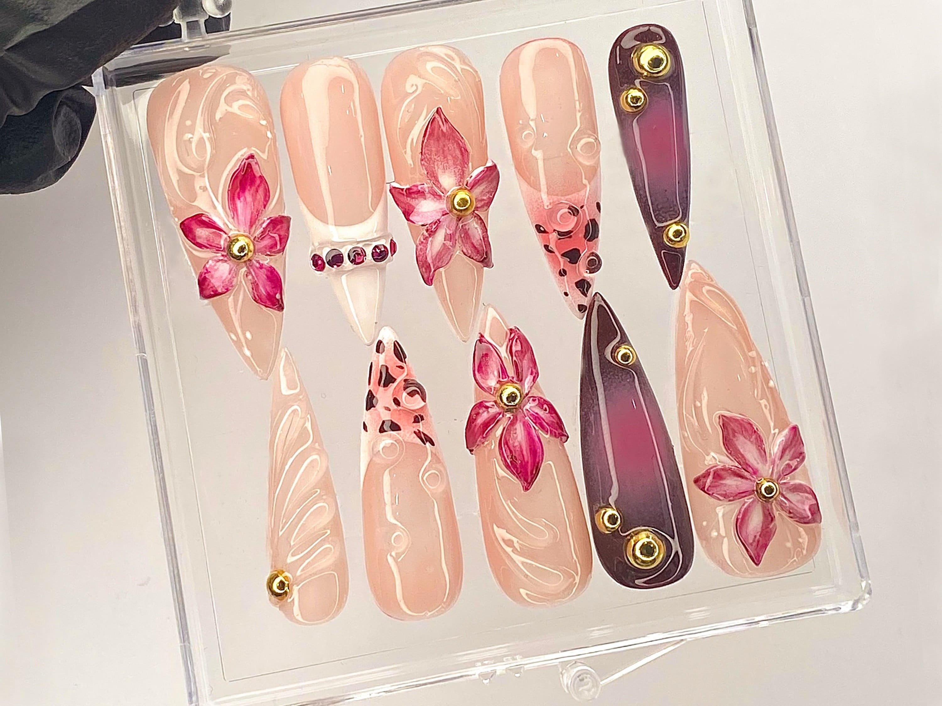 Luxury Pink Blossom Floral Press On Nails | FL22