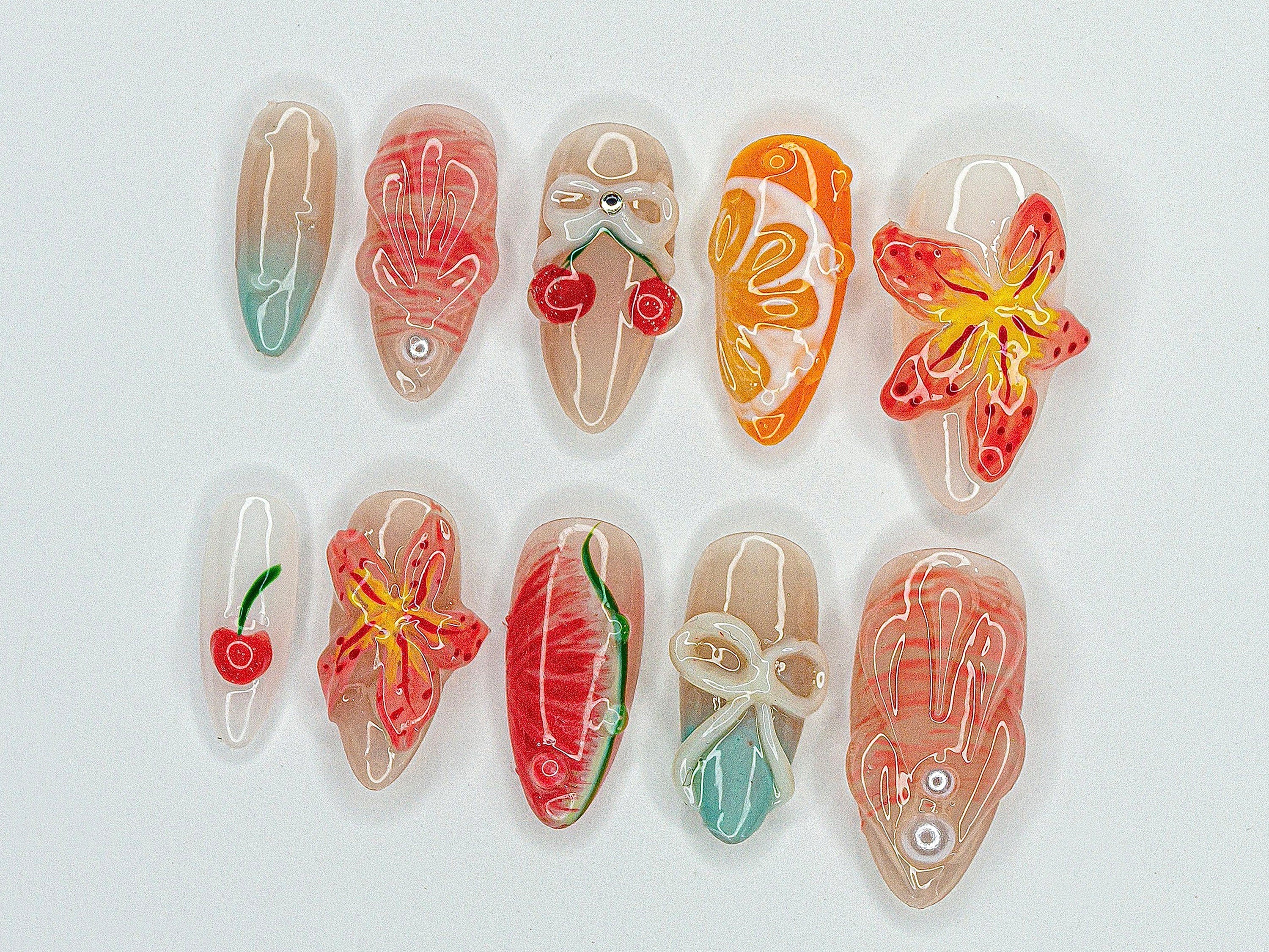 Red Cherry Blossom Nails | Cute Red & White Press On Nails | Y2K Floral Style Nail Set | Summer, Holiday Nail Art | Gift | J460S