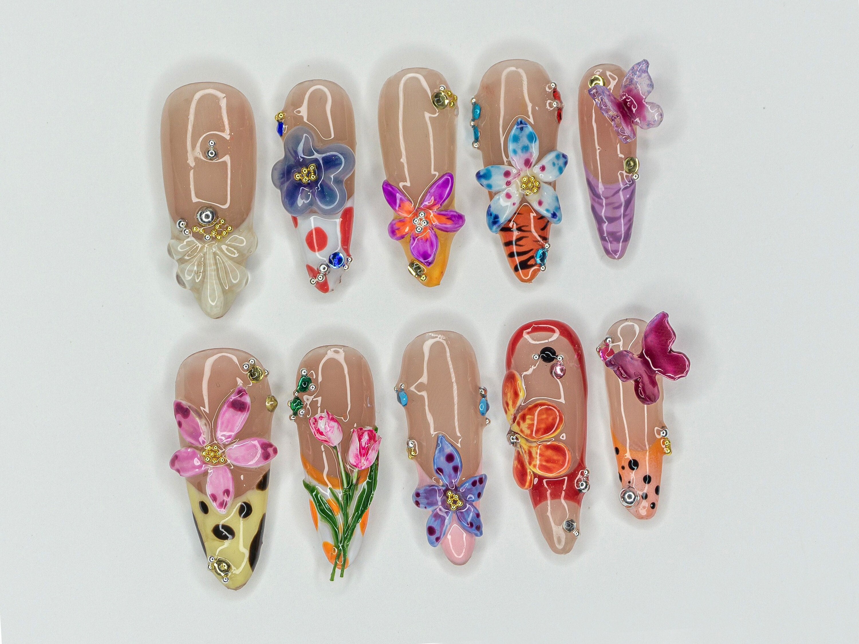 Colorful Flower Garden Press On Nails | Vibrant Bloom Fake Nails | Butterfly & Flower Nail Art | Floral Fantasy Acrylci Nails | J426Y