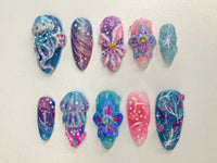 Ocean-Inspired 3D Press On Nails | 3D Jellyfish and Floral Art | Hand-Painted Underwater Press On Nails | Beautiful Ocean-Themed | J463SL