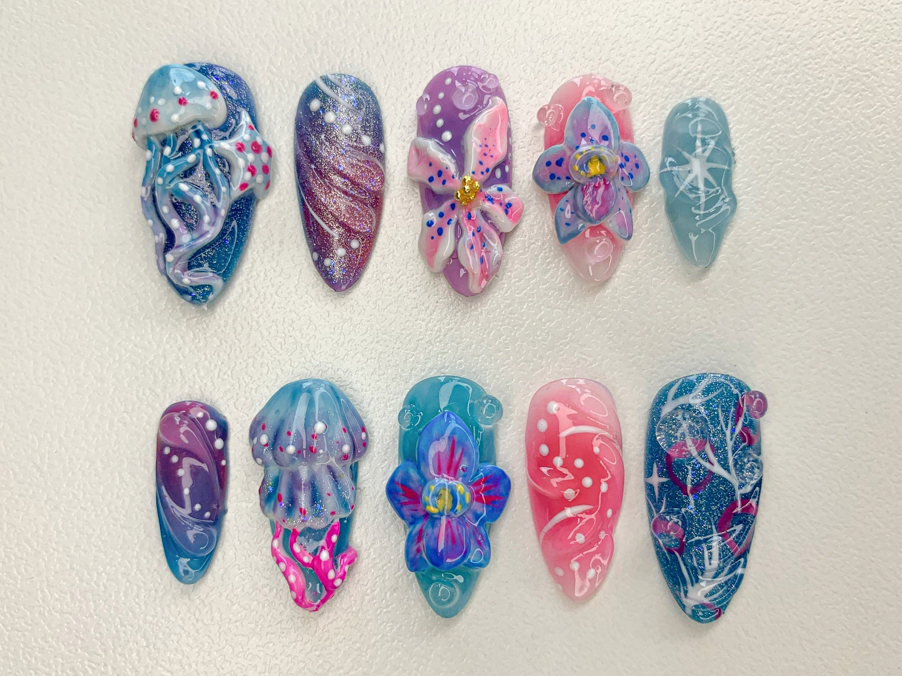 Ocean-Inspired 3D Press On Nails | 3D Jellyfish and Floral Art | Hand-Painted Underwater Press On Nails | Beautiful Ocean-Themed | J463SL