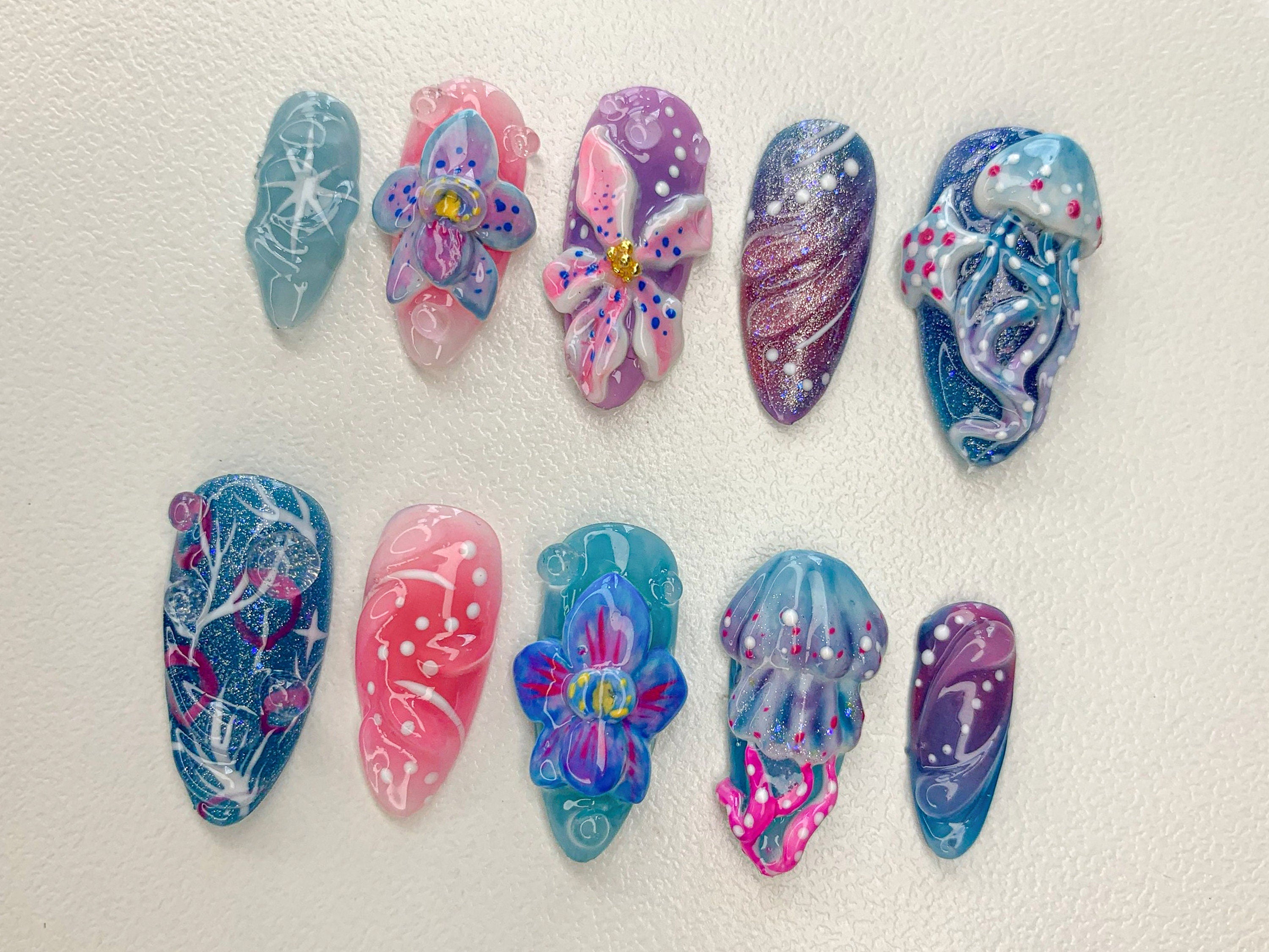 Ocean-Inspired 3D Press On Nails | 3D Jellyfish and Floral Art | Hand-Painted Underwater Press On Nails | Beautiful Ocean-Themed | J463SL