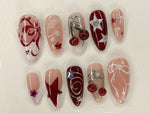 Red Cherry Blossom Nails | Cute Red & White Press On Nails | Y2K Star Style Nail Set | Summer, Holiday Nail Art | Gift | J456AV
