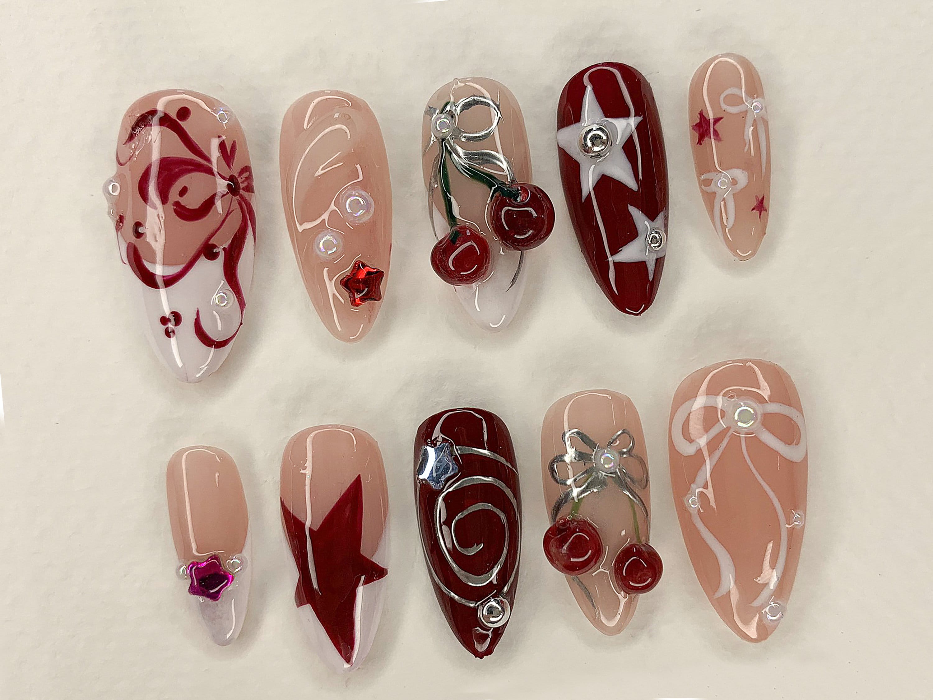 Red Cherry Blossom Nails | Cute Red & White Press On Nails | Y2K Star Style Nail Set | Summer, Holiday Nail Art | Gift | J456AV
