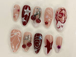 Red Cherry Blossom Nails | Cute Red & White Press On Nails | Y2K Star Style Nail Set | Summer, Holiday Nail Art | Gift | J456AV