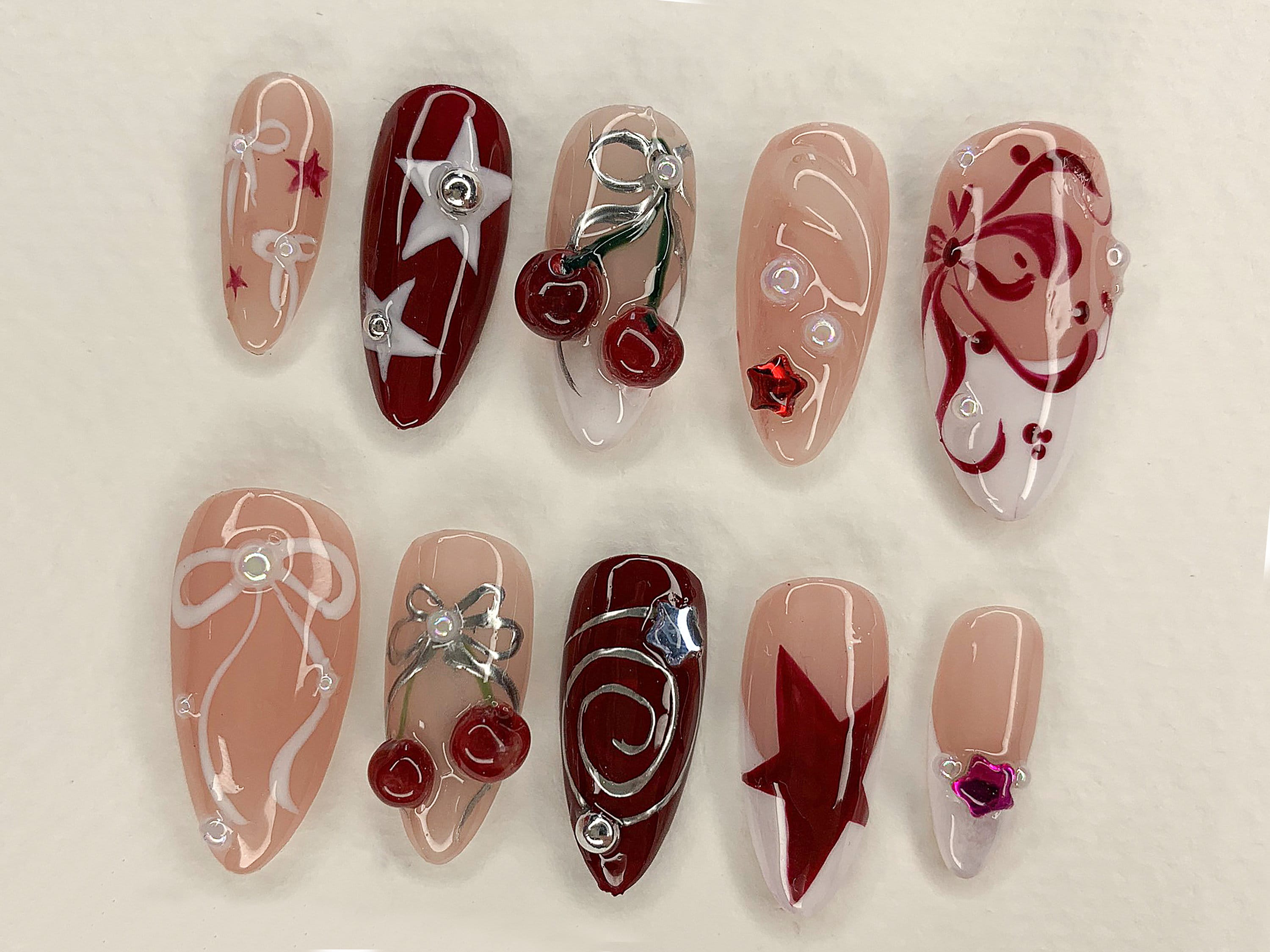Red Cherry Blossom Nails | Cute Red & White Press On Nails | Y2K Star Style Nail Set | Summer, Holiday Nail Art | Gift | J456AV