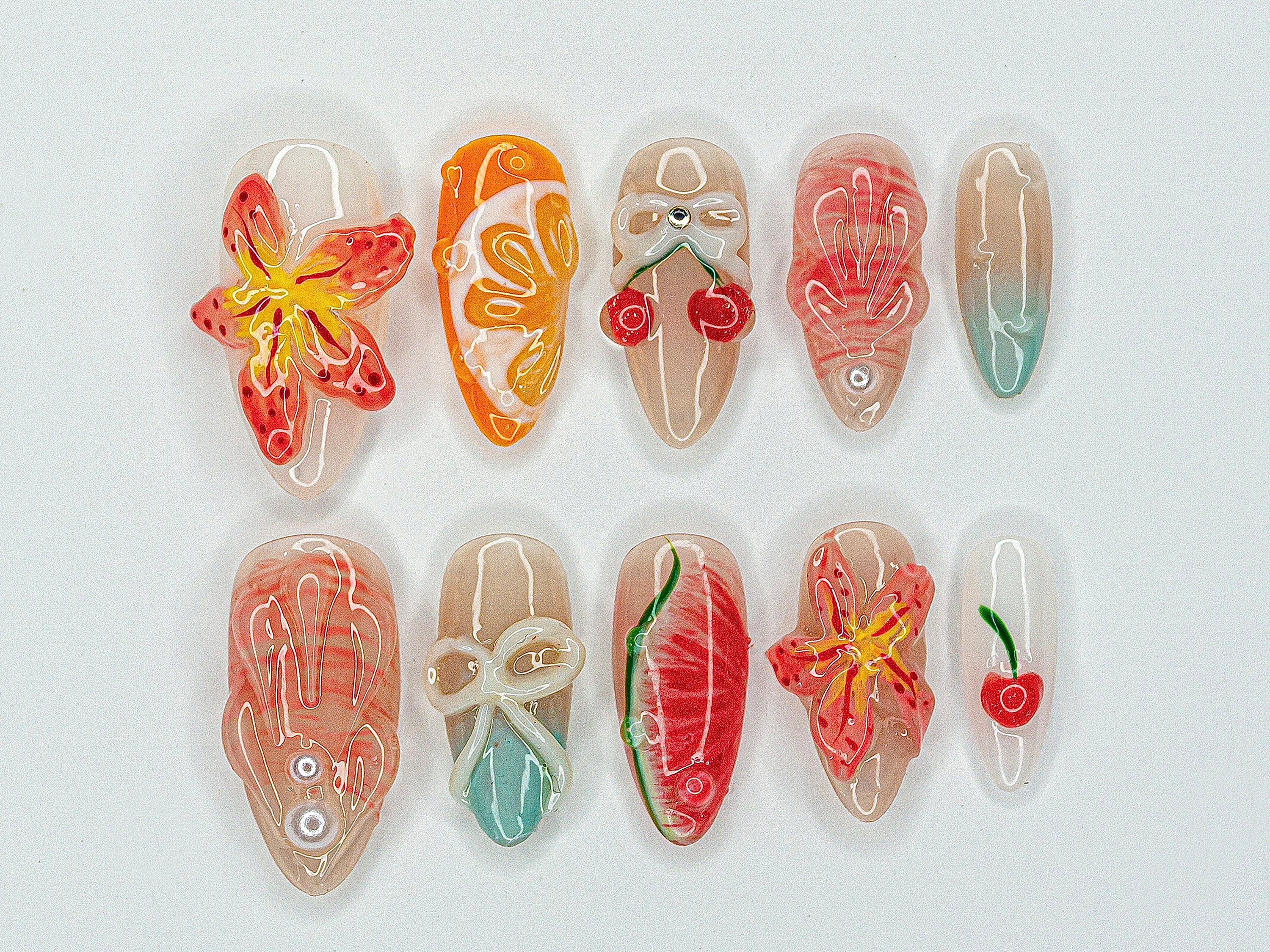 Red Cherry Blossom Nails | Cute Red & White Press On Nails | Y2K Floral Style Nail Set | Summer, Holiday Nail Art | Gift | J460S