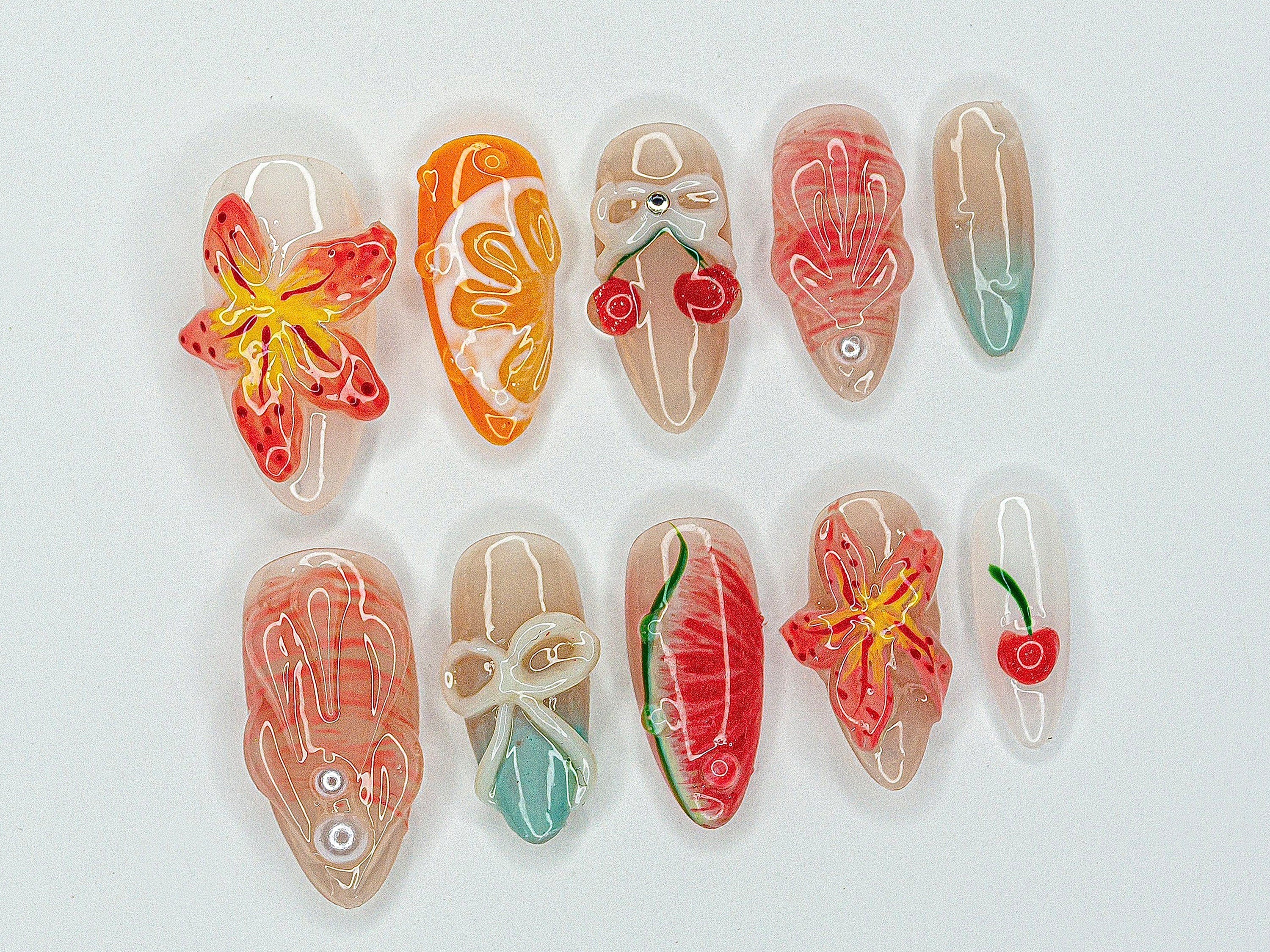 Red Cherry Blossom Nails | Cute Red & White Press On Nails | Y2K Floral Style Nail Set | Summer, Holiday Nail Art | Gift | J460S