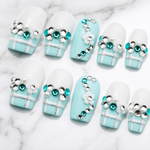 Tiffany Blue Rhinestone Press-On Nails Luxury Crystal & Pearl Nail Set Blue & White Plaid Glam Nails Sparkle 3D Flower Fake Nails/010