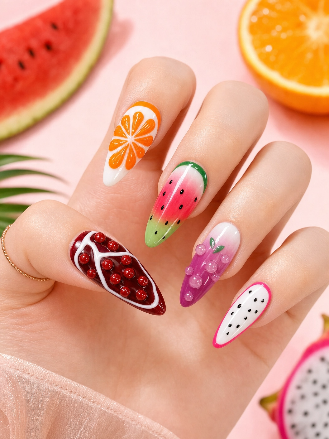 Fruity Fresh Press-On Nails Summer Fruit Nail Art Set 3D Fruit Themed Fake Nails Juicy Summer Nail Vibes/009