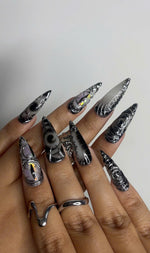 Long Black Stiletto Press On Nails | 3D Chrome Gothic Nail Set | Holographic Abstract Fake Nails