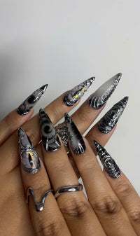 Long Black Stiletto Press On Nails | 3D Chrome Gothic Nail Set | Holographic Abstract Fake Nails