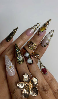 Galaxy Crystal Press On Nails | 3D Gemstone Rock Fake Nails | Gold Metal Accent Nail Art | Crystal Gemstone Press Ons | Luxury Nails |DB463Y