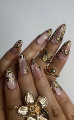 Elegant Nude Pink Press On Nails | Gold 3D Luxury Nail Set | Classy Wedding Fake Nails