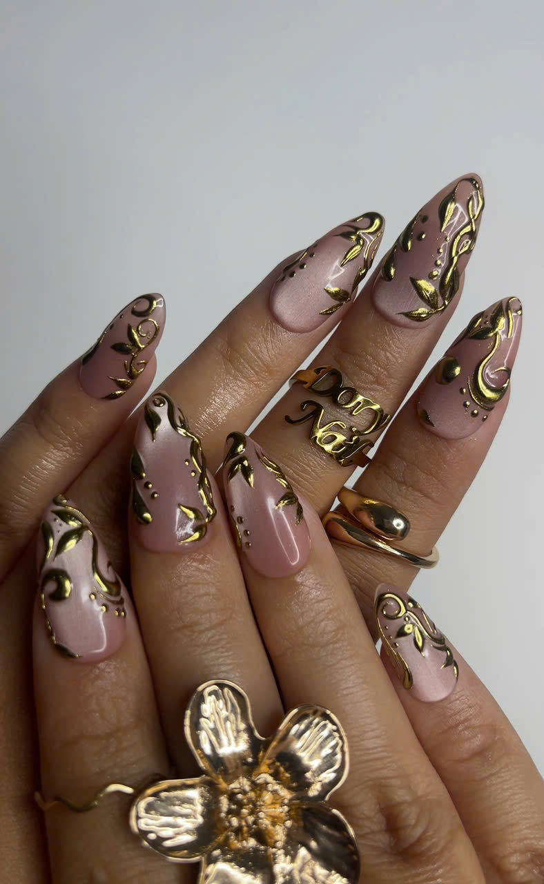Elegant Nude Pink Press On Nails | Gold 3D Luxury Nail Set | Classy Wedding Fake Nails