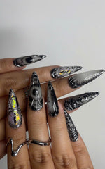 Long Black Stiletto Press On Nails | 3D Chrome Gothic Nail Set | Holographic Abstract Fake Nails