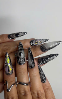 Long Black Stiletto Press On Nails | 3D Chrome Gothic Nail Set | Holographic Abstract Fake Nails