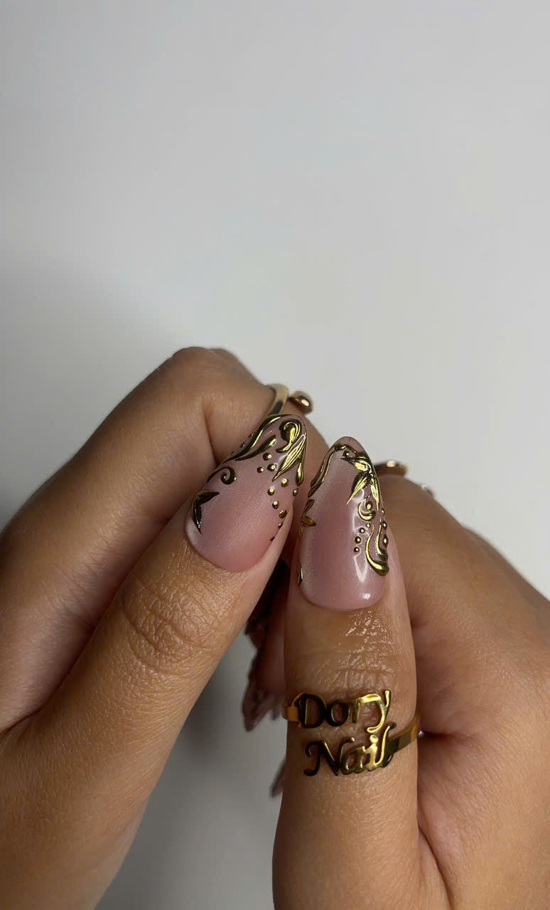 Elegant Nude Pink Press On Nails | Gold 3D Luxury Nail Set | Classy Wedding Fake Nails
