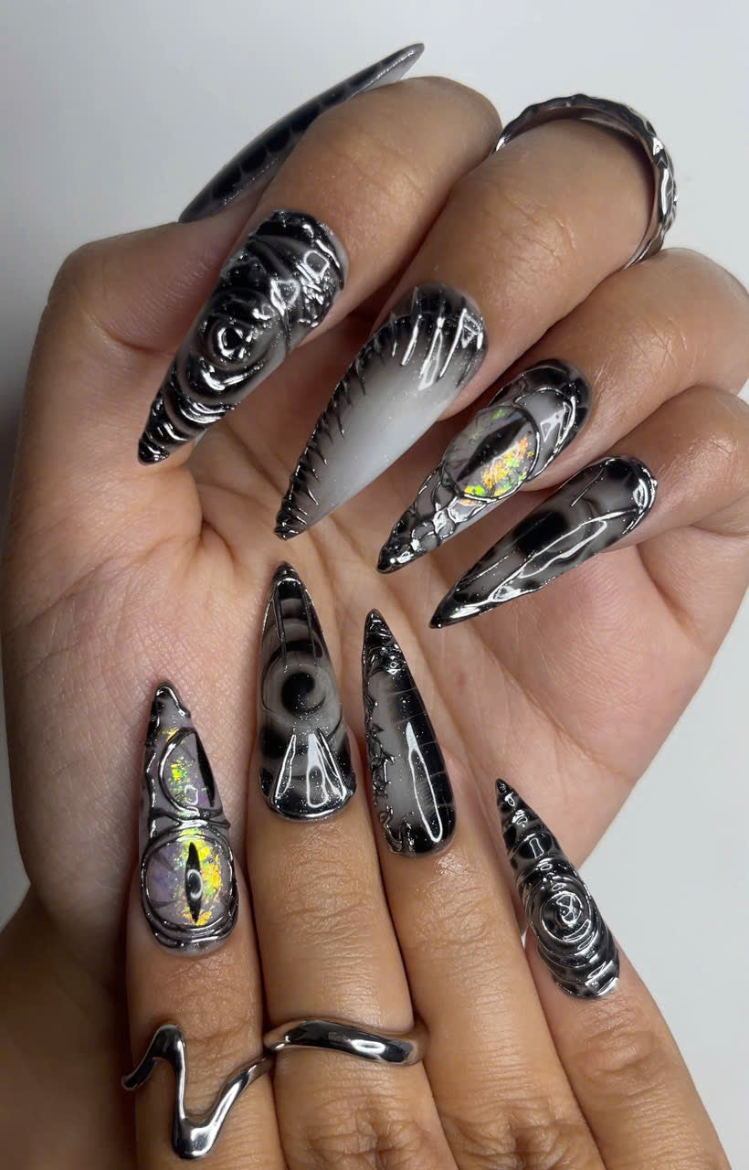 Long Black Stiletto Press On Nails | 3D Chrome Gothic Nail Set | Holographic Abstract Fake Nails