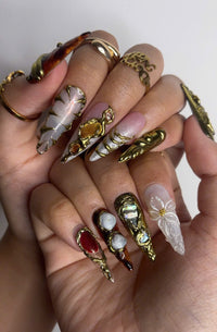 Galaxy Crystal Press On Nails | 3D Gemstone Rock Fake Nails | Gold Metal Accent Nail Art | Crystal Gemstone Press Ons | Luxury Nails |DB463Y