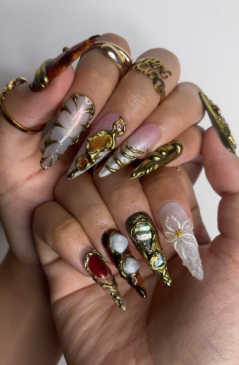 Galaxy Crystal Press On Nails | 3D Gemstone Rock Fake Nails | Gold Metal Accent Nail Art | Crystal Gemstone Press Ons | Luxury Nails |DB463Y