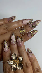 Elegant Nude Pink Press On Nails | Gold 3D Luxury Nail Set | Classy Wedding Fake Nails