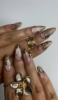 Elegant Nude Pink Press On Nails | Gold 3D Luxury Nail Set | Classy Wedding Fake Nails